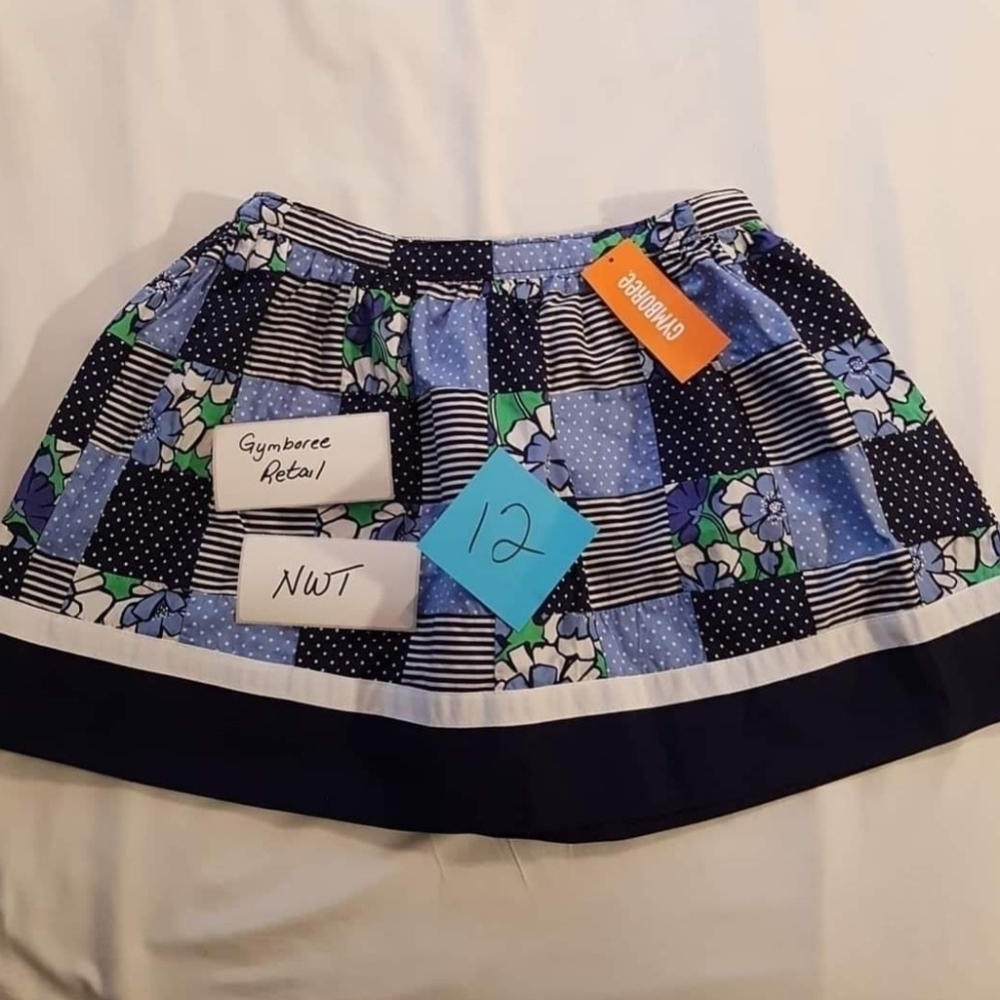 Gymboree Girls size 12 Spring Prep line blue & white Floral Patchwork Skirt NEW